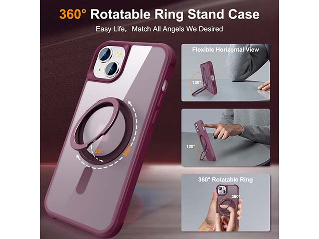Magnetic Ring Stand Case for iPhone 15 - Burgundy