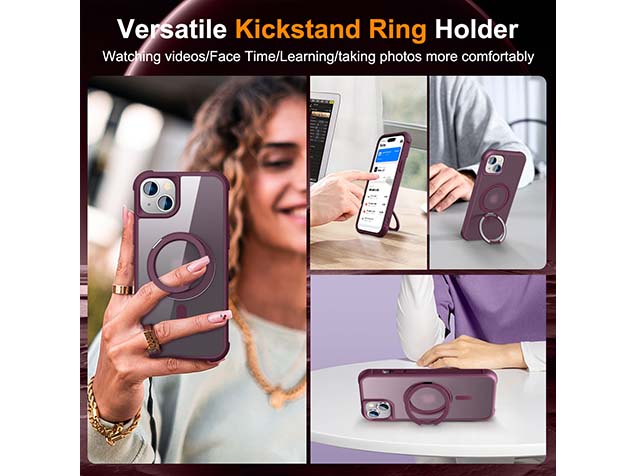 Magnetic Ring Stand Case for iPhone 15 - Burgundy