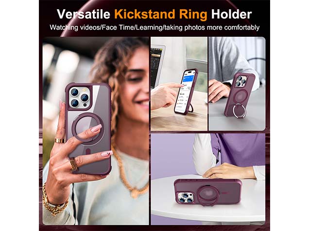 Magnetic Ring Stand Case for iPhone 15 Pro Max - Burgundy