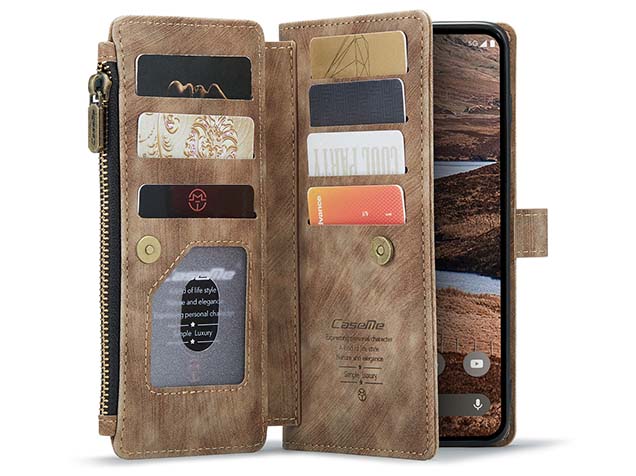 CaseMe Synthetic Leather Wallet Case with Zipper Pocket for Google Pixel 9 - Desert Taupe