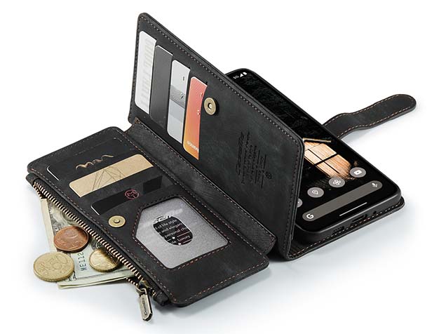 CaseMe Synthetic Leather Wallet Case with Zipper Pocket for Google Pixel 9 - Charcoal