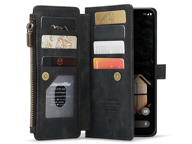 CaseMe Synthetic Leather Wallet Case with Zipper Pocket for Google Pixel 9 - Charcoal