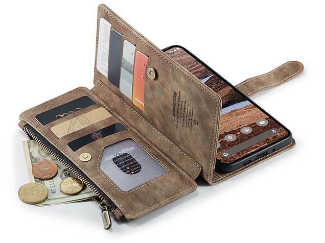CaseMe Synthetic Leather Wallet Case with Zipper Pocket for Google Pixel 9 Pro XL - Desert Taupe