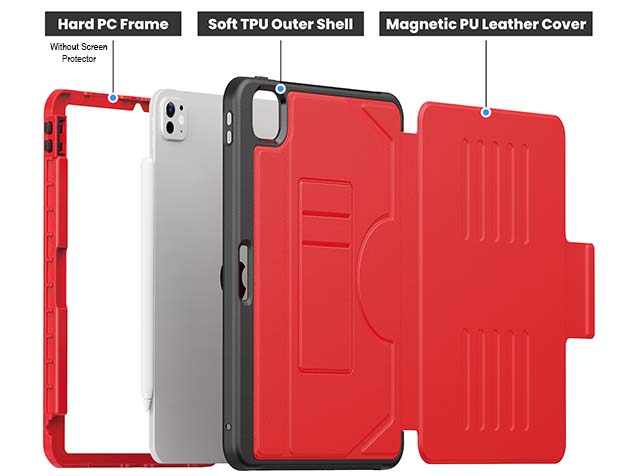Rugged Synthetic Case with Magnetic Stand for iPad Pro 11 (2024) - Red