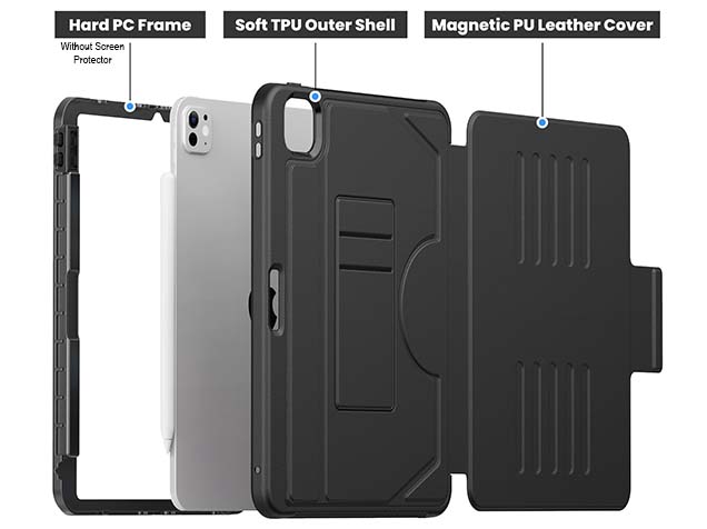Rugged Synthetic Case with Magnetic Stand for iPad Pro 11 (2024) - Black