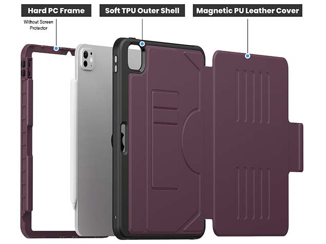 Rugged Synthetic Case with Magnetic Stand for iPad Pro 11 (2024) - Burgundy