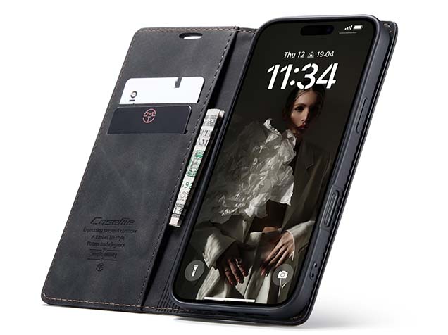 CaseMe Slim Synthetic Leather Wallet Case with Stand for iPhone 16 - Charcoal
