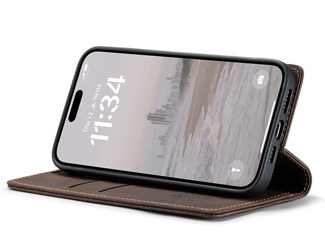CaseMe Slim Synthetic Leather Wallet Case with Stand for iPhone 16 - Chocolate