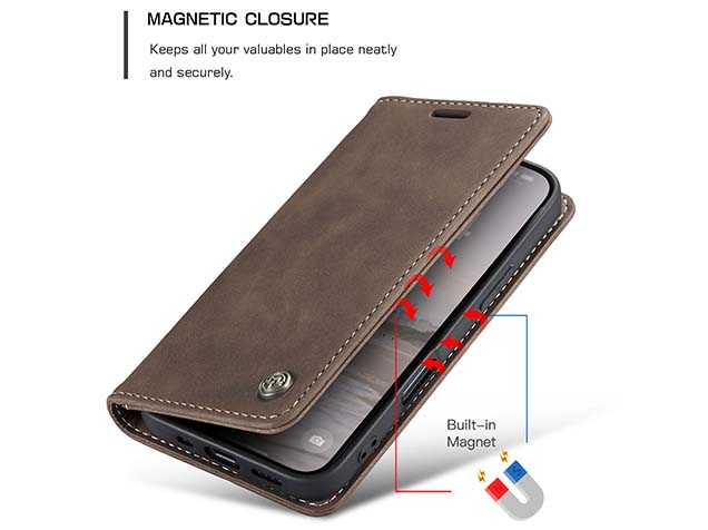 CaseMe Slim Synthetic Leather Wallet Case with Stand for iPhone 16 - Chocolate