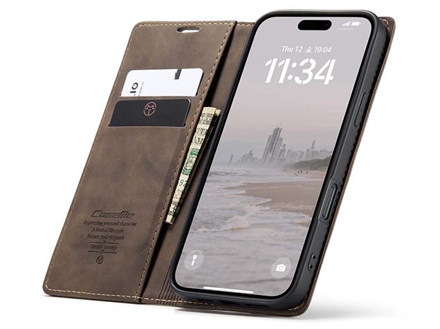 CaseMe Slim Synthetic Leather Wallet Case with Stand for iPhone 16 - Chocolate