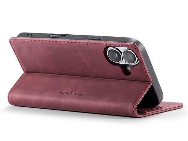 CaseMe Slim Synthetic Leather Wallet Case with Stand for iPhone 16 - Burgundy