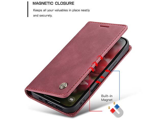 CaseMe Slim Synthetic Leather Wallet Case with Stand for iPhone 16 - Burgundy