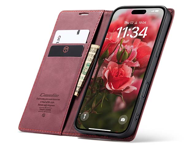 CaseMe Slim Synthetic Leather Wallet Case with Stand for iPhone 16 - Burgundy