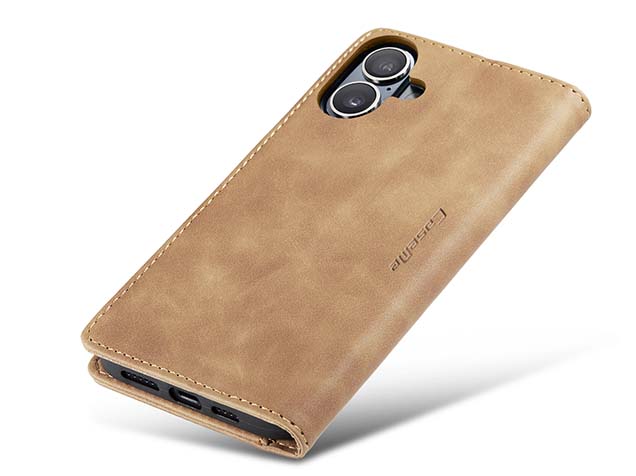 CaseMe Slim Synthetic Leather Wallet Case with Stand for iPhone 16 - Tan