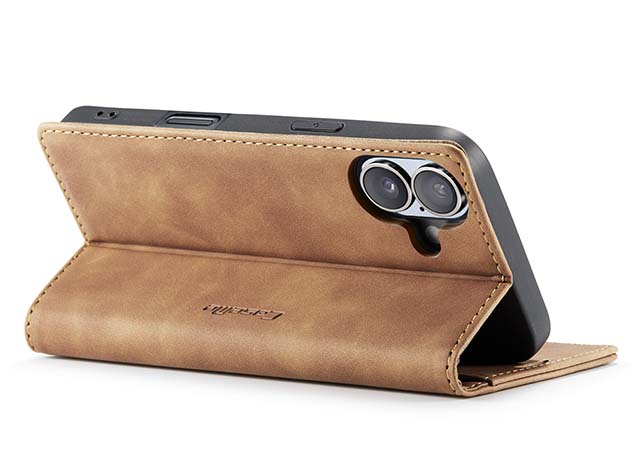 CaseMe Slim Synthetic Leather Wallet Case with Stand for iPhone 16 - Tan