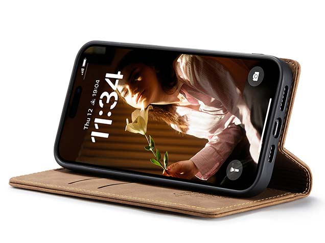CaseMe Slim Synthetic Leather Wallet Case with Stand for iPhone 16 - Tan