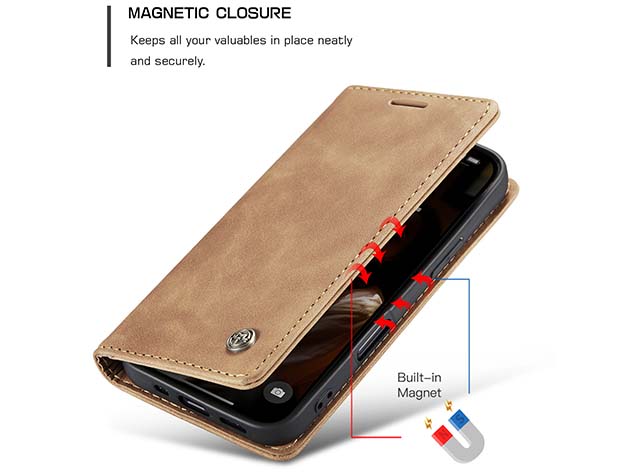 CaseMe Slim Synthetic Leather Wallet Case with Stand for iPhone 16 - Tan
