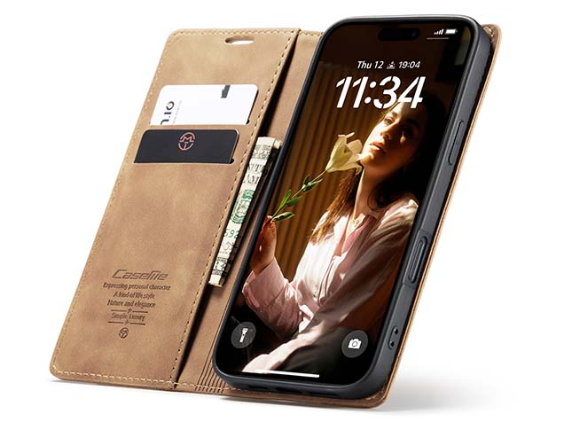 CaseMe Slim Synthetic Leather Wallet Case with Stand for iPhone 16 - Tan