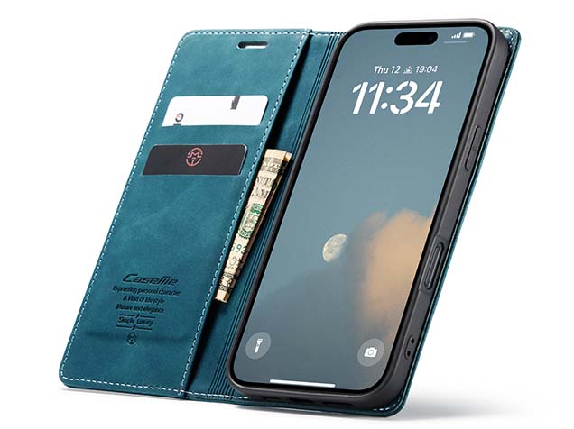 CaseMe Slim Synthetic Leather Wallet Case with Stand for iPhone 16 - Teal