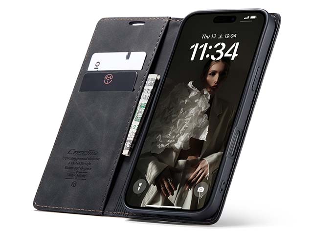 CaseMe Slim Synthetic Leather Wallet Case with Stand for iPhone 16 Pro Max - Charcoal