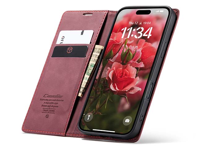 CaseMe Slim Synthetic Leather Wallet Case with Stand for iPhone 16 Pro Max - Burgundy