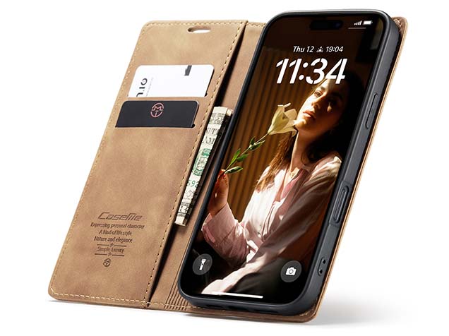 CaseMe Slim Synthetic Leather Wallet Case with Stand for iPhone 16 Pro Max - Tan