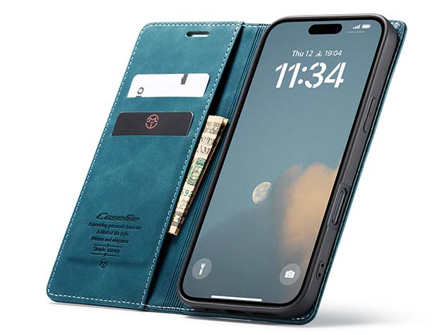 CaseMe Slim Synthetic Leather Wallet Case with Stand for iPhone 16 Pro Max - Teal