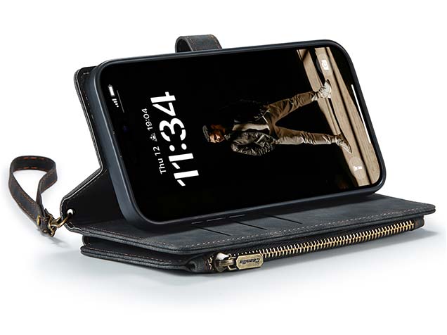 CaseMe Synthetic Leather Wallet Case with Zipper Pocket for iPhone 16 Pro Max - Charcoal