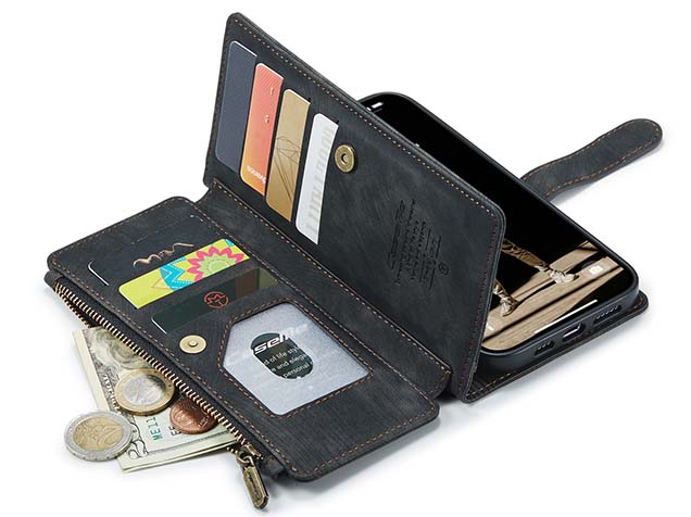 CaseMe Synthetic Leather Wallet Case with Zipper Pocket for iPhone 16 Pro Max - Charcoal