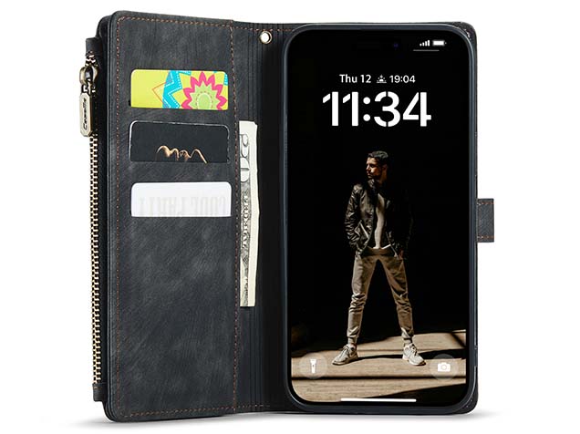 CaseMe Synthetic Leather Wallet Case with Zipper Pocket for iPhone 16 Pro Max - Charcoal