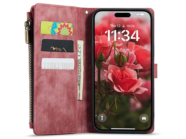 CaseMe Synthetic Leather Wallet Case with Zipper Pocket for iPhone 16 Pro Max - Blush