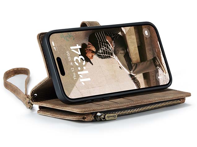 CaseMe Synthetic Leather Wallet Case with Zipper Pocket for iPhone 16 Pro Max - Desert Taupe