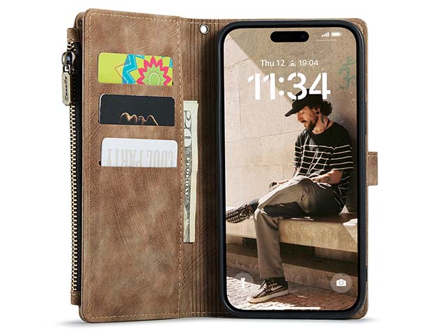 CaseMe Synthetic Leather Wallet Case with Zipper Pocket for iPhone 16 Pro Max - Desert Taupe