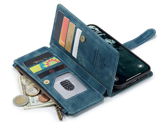CaseMe Synthetic Leather Wallet Case with Zipper Pocket for iPhone 16 Pro Max - Teal