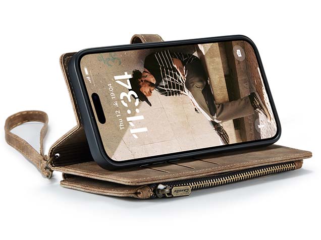 CaseMe Synthetic Leather Wallet Case with Zipper Pocket for iPhone 16 - Desert Taupe