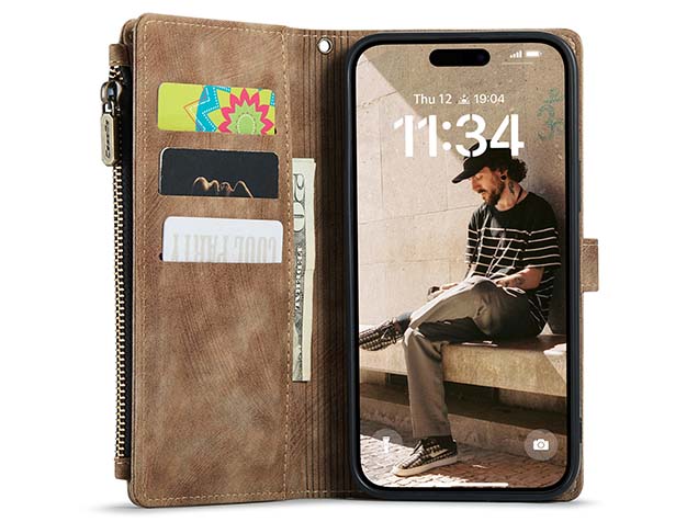 CaseMe Synthetic Leather Wallet Case with Zipper Pocket for iPhone 16 - Desert Taupe