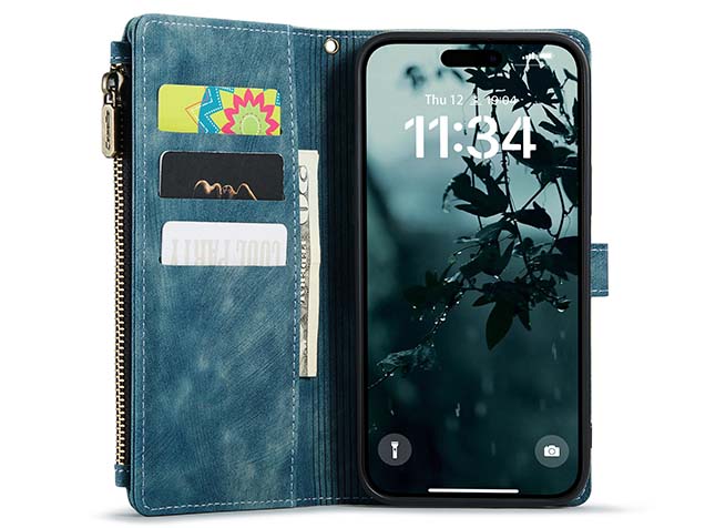 CaseMe Synthetic Leather Wallet Case with Zipper Pocket for iPhone 16 - Teal