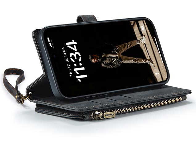 CaseMe Synthetic Leather Wallet Case with Zipper Pocket for iPhone 16 Plus - Charcoal