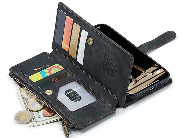 CaseMe Synthetic Leather Wallet Case with Zipper Pocket for iPhone 16 Plus - Charcoal