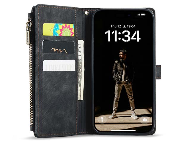 CaseMe Synthetic Leather Wallet Case with Zipper Pocket for iPhone 16 Plus - Charcoal