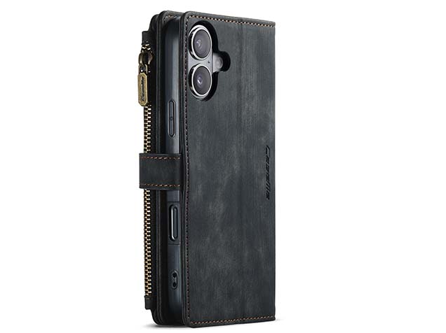 CaseMe Synthetic Leather Wallet Case with Zipper Pocket for iPhone 16 Plus - Charcoal