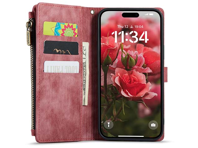 CaseMe Synthetic Leather Wallet Case with Zipper Pocket for iPhone 16 Plus - Blush