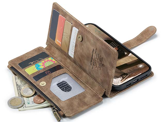 CaseMe Synthetic Leather Wallet Case with Zipper Pocket for iPhone 16 Plus - Desert Taupe