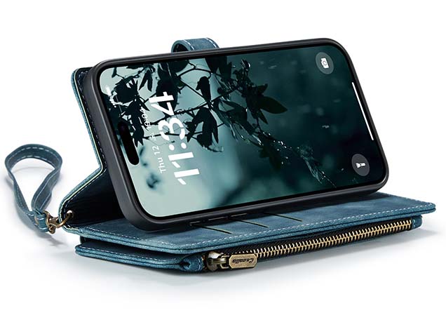 CaseMe Synthetic Leather Wallet Case with Zipper Pocket for iPhone 16 Plus - Teal