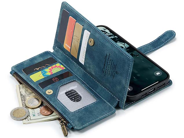 CaseMe Synthetic Leather Wallet Case with Zipper Pocket for iPhone 16 Plus - Teal