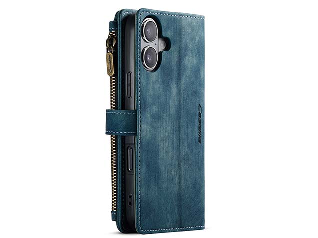 CaseMe Synthetic Leather Wallet Case with Zipper Pocket for iPhone 16 Plus - Teal