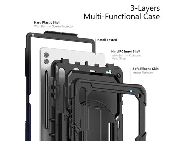 Rugged Impact Case with Strap for Samsung Galaxy Tab S10 Ultra - Classic Black