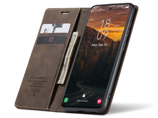 CaseMe Slim Synthetic Leather Wallet Case with Stand for Samsung Galaxy S24 FE - Chocolate