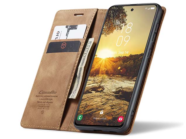 CaseMe Slim Synthetic Leather Wallet Case with Stand for Samsung Galaxy S24 FE - Tan