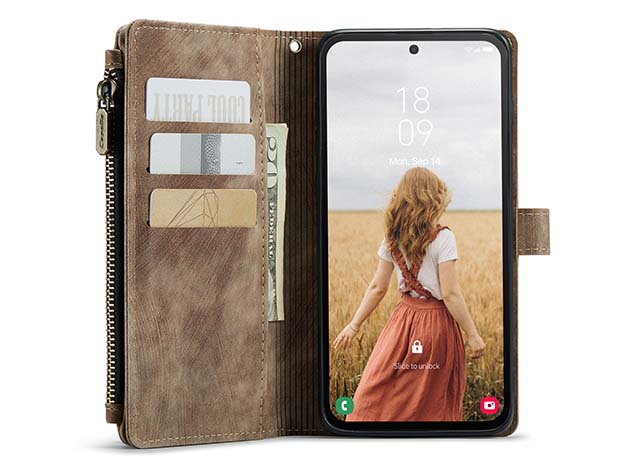 CaseMe Synthetic Leather Wallet Case with Zipper Pocket for Samsung Galaxy S24 FE - Desert Taupe